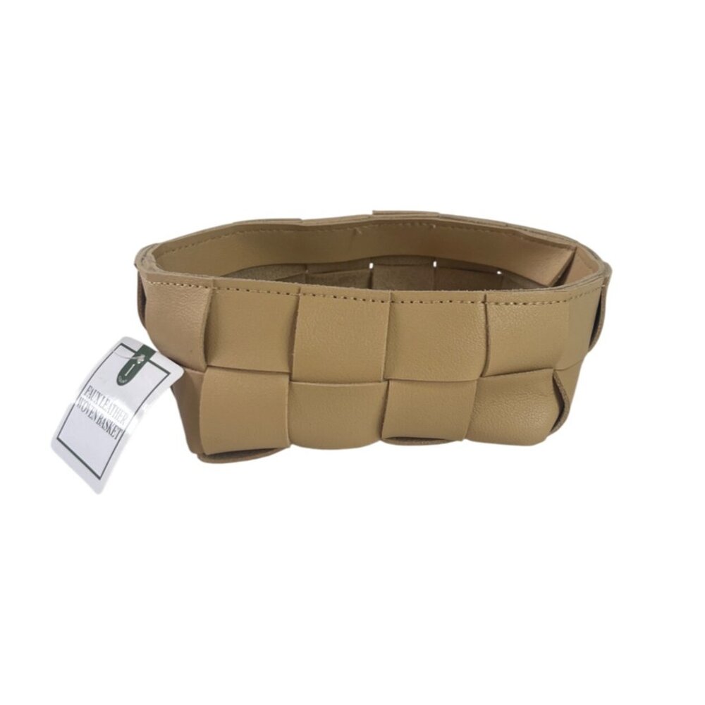 Small Faux Leather Woven Basket Tan Beige Storage Home Decor